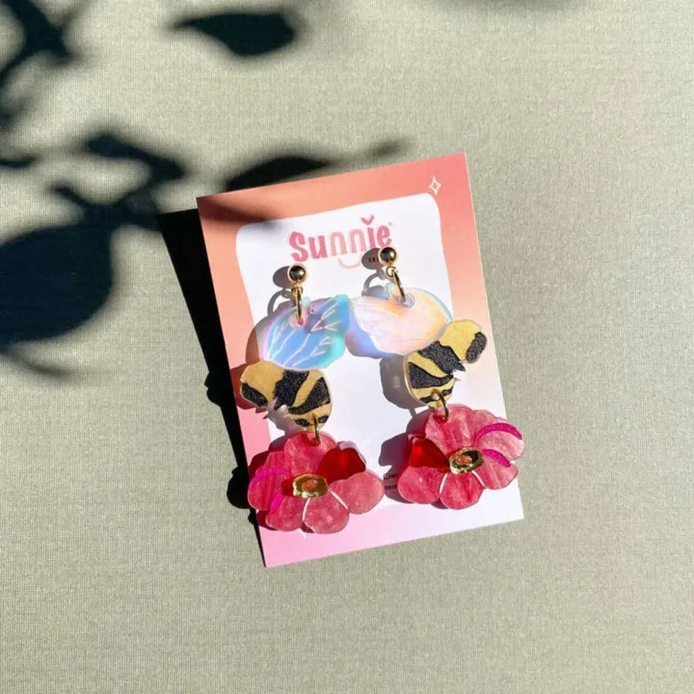 Honey Bee Flower Acrylic Earrings - Picture 3 of 3